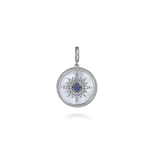 Gabriel & Co. 925 Sterling Silver Starburst Blue Sapphire and White Sapphire Bujukan Medallion Pendant in size 24mm Shannon Jewelers Spring, TX