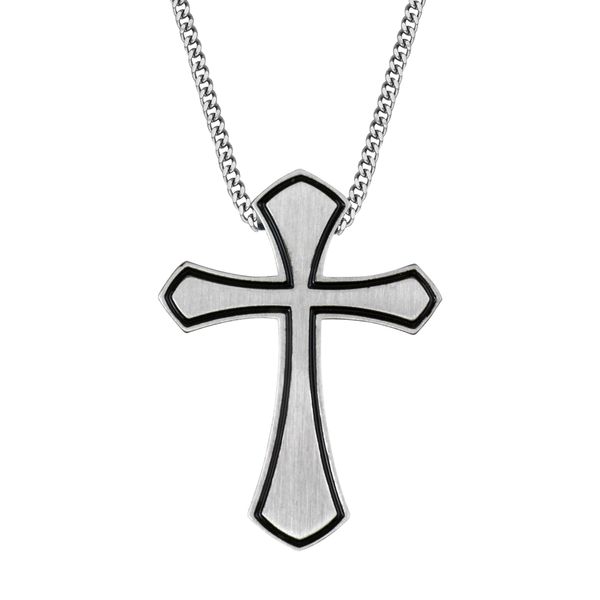Men's stainless steel passion cross necklace with black pinstripe border on 24-inch chain