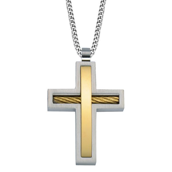 Men's stainless steel cross necklace with gold IP cable center and brushed border on 24-inch chain