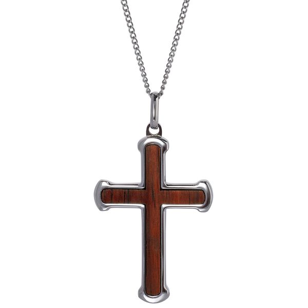 Men's stainless steel cross necklace with wood center and rounded ends on 20-inch curb chain