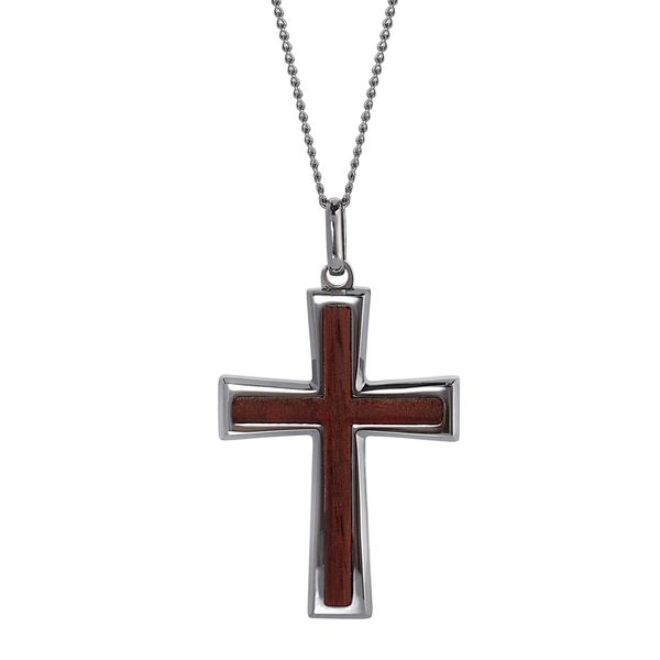 Men's tapered stainless steel cross necklace with wooden center on 20-inch curb chain