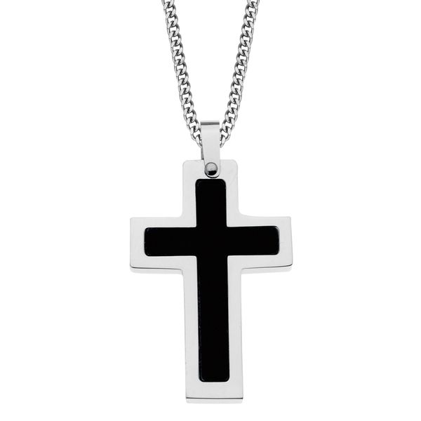 Men's black matter cross necklace with stainless steel border on 24-inch curb chain