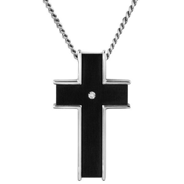Men's stainless steel cross necklace with black titanium center and diamond on 24-inch chain
