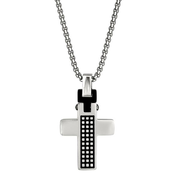 Men's small stainless steel cross necklace with checkerboard center on 20-inch chain