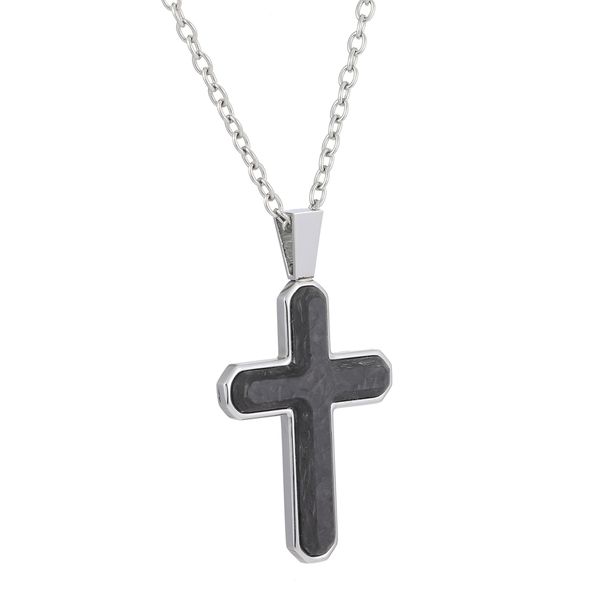Legere by Kelly Waters men's stainless steel cross necklace with forged carbon fiber center on adjustable box chain