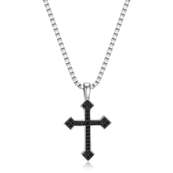 Ethos Jewelry Black Ice rhodium and gunmetal plated sterling silver gothic cross necklace with black sapphire