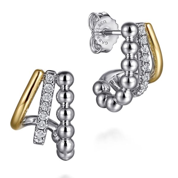 925 Sterling Silver and 14K Yellow Gold Gabriel & Co. Bujukan White Sapphire Multiple Row J Hoop Earrings