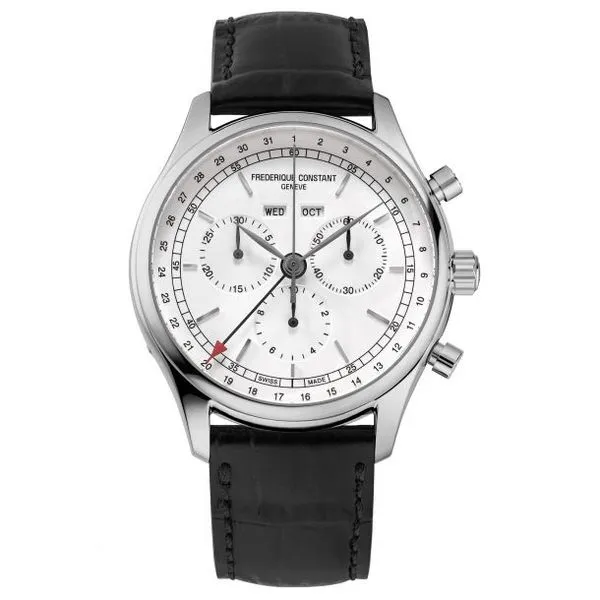 Frederique Constant Classic Quartz Chronograph Triple Calendar with Silver Dial & Black Leather Strap Watch | 40mm Maharaja's Fine Jewelry & Gift Panama City, FL
