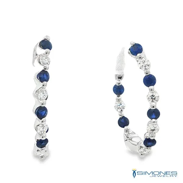 18K White Diamond & Sapphire Hoop Earrings Image 2 Simones Jewelry, LLC Shrewsbury, NJ
