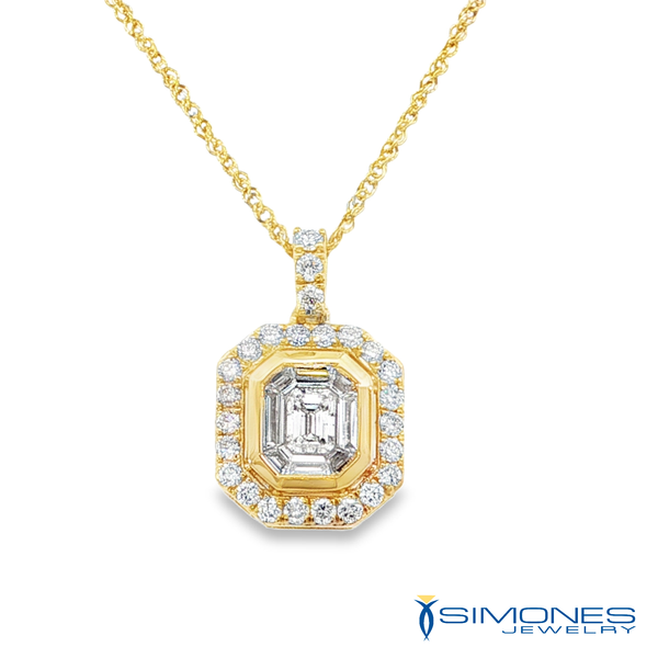 14K Yellow Round & Baquette Diamond Halo Pendant Simones Jewelry, LLC Shrewsbury, NJ