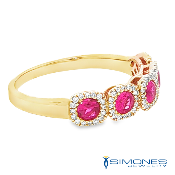 Round Ruby and Diamond Halo Five-Stone Band in 14k Yellow Gold Image 2 Simones Jewelry, LLC Shrewsbury, NJ