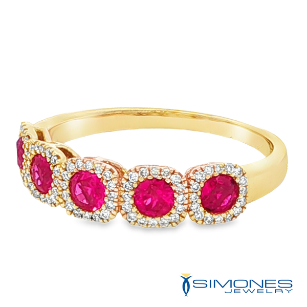 Round Ruby and Diamond Halo Five-Stone Band in 14k Yellow Gold Image 3 Simones Jewelry, LLC Shrewsbury, NJ