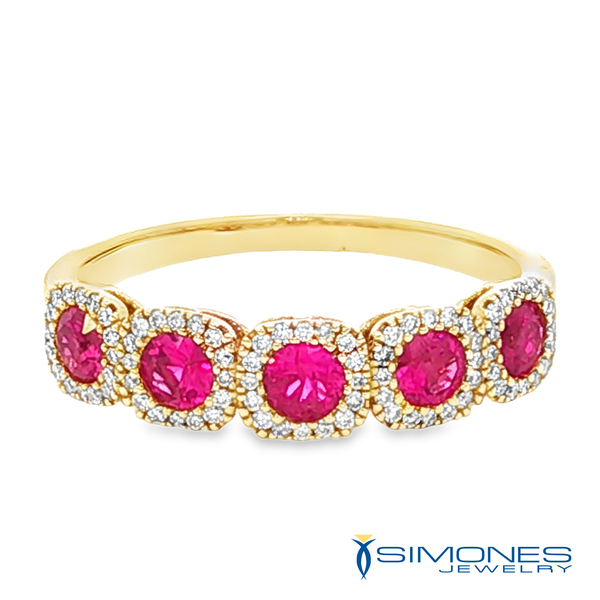 Round Ruby and Diamond Halo Five-Stone Band in 14k Yellow Gold Simones Jewelry, LLC Shrewsbury, NJ