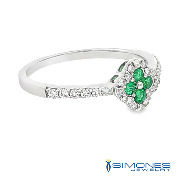 Emerald and Diamond Clover Halo Ring in 14K White Gold Image 2 Simones Jewelry, LLC Shrewsbury, NJ