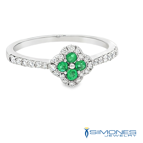Emerald and Diamond Clover Halo Ring in 14K White Gold Simones Jewelry, LLC Shrewsbury, NJ