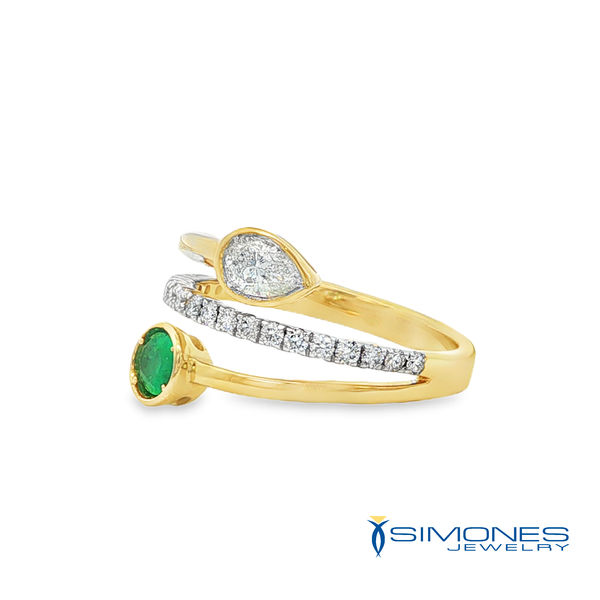 Emerald and Pear Diamond Bypass Ring in Yellow Gold Image 3 Simones Jewelry, LLC Shrewsbury, NJ