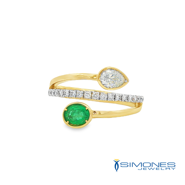 Emerald and Pear Diamond Bypass Ring in Yellow Gold Simones Jewelry, LLC Shrewsbury, NJ