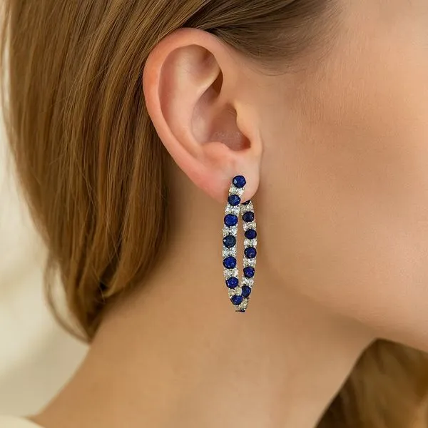 18K White Diamond & Sapphire Hoop Earrings Image 5 Simones Jewelry, LLC Shrewsbury, NJ