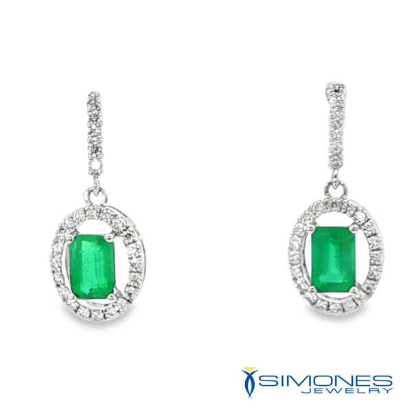 Emerald-Cut Emerald and Round Brilliant Diamond Halo Drop Earrings in White Gold Image 2 Simones Jewelry, LLC Shrewsbury, NJ
