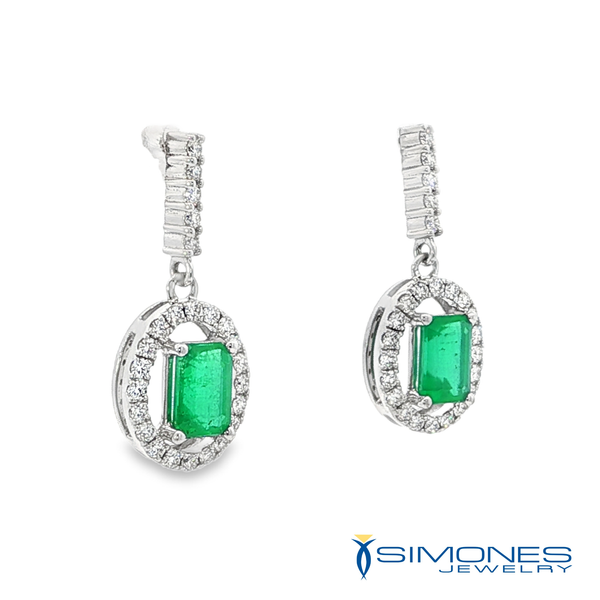 Emerald-Cut Emerald and Round Brilliant Diamond Halo Drop Earrings in White Gold Image 3 Simones Jewelry, LLC Shrewsbury, NJ