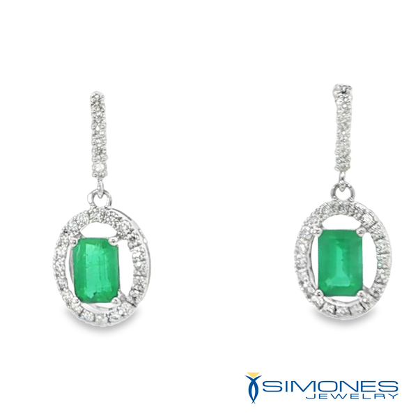 Emerald-Cut Emerald and Round Brilliant Diamond Halo Drop Earrings in White Gold Simones Jewelry, LLC Shrewsbury, NJ