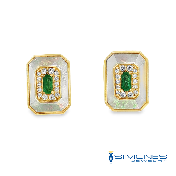 14K Yellow Emerald,Diamond And Mother Of Pearl Earrings Image 3 Simones Jewelry, LLC Shrewsbury, NJ