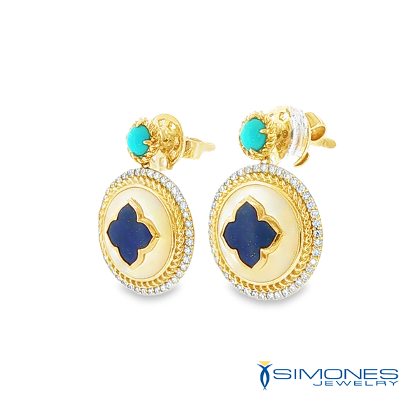 14K Yellow Diamond Mother Of Pearl, Turquoise & Lapis Earrings Image 2 Simones Jewelry, LLC Shrewsbury, NJ