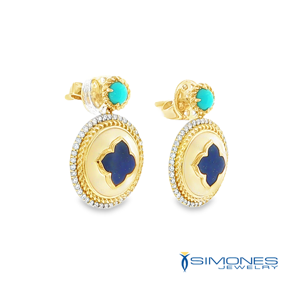 14K Yellow Diamond Mother Of Pearl, Turquoise & Lapis Earrings Image 3 Simones Jewelry, LLC Shrewsbury, NJ