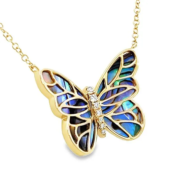 14K Yellow Gold Diamond & Abalone Butterfly Necklace Image 2 Simones Jewelry, LLC Shrewsbury, NJ