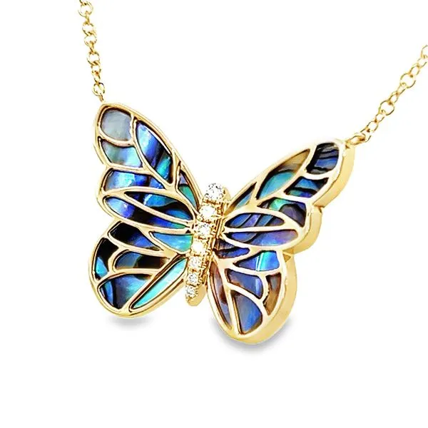 14K Yellow Gold Diamond & Abalone Butterfly Necklace Image 3 Simones Jewelry, LLC Shrewsbury, NJ