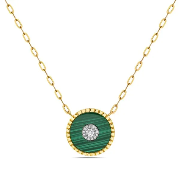14K Yellow Gold .10ct Diamond & Malachite Disc Necklace Simones Jewelry, LLC Shrewsbury, NJ
