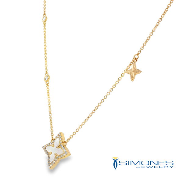 14K Yellow Mother Of Pearl & Diamond Clover Necklace Image 3 Simones Jewelry, LLC Shrewsbury, NJ