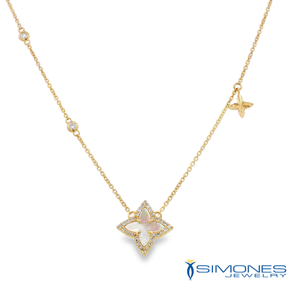 14K Yellow Mother Of Pearl & Diamond Clover Necklace Simones Jewelry, LLC Shrewsbury, NJ