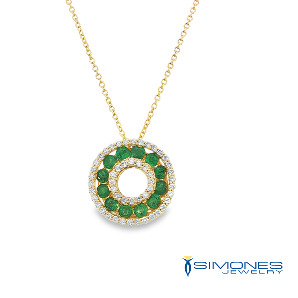 Yellow Gold Emerald and Diamond Open Circle Pendant Necklace Simones Jewelry, LLC Shrewsbury, NJ