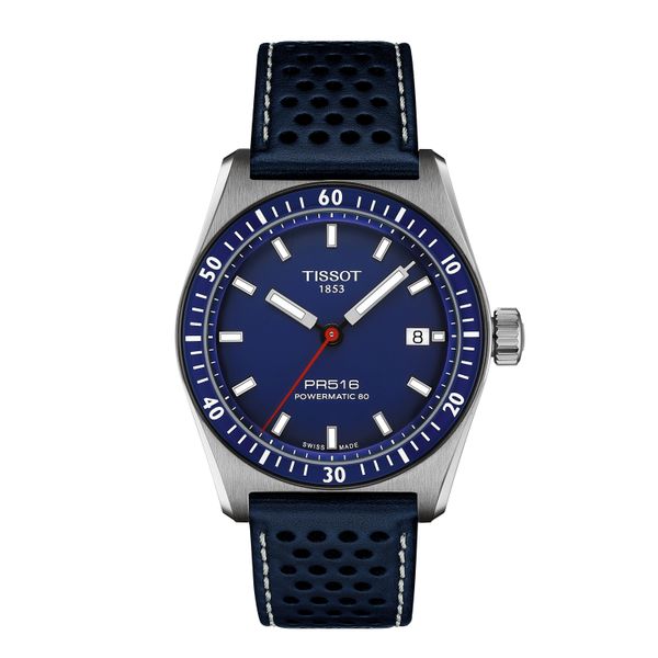 Tissot PR516 Powematic 80 Blue Dial Leather Strap Watch Simones Jewelry, LLC Shrewsbury, NJ