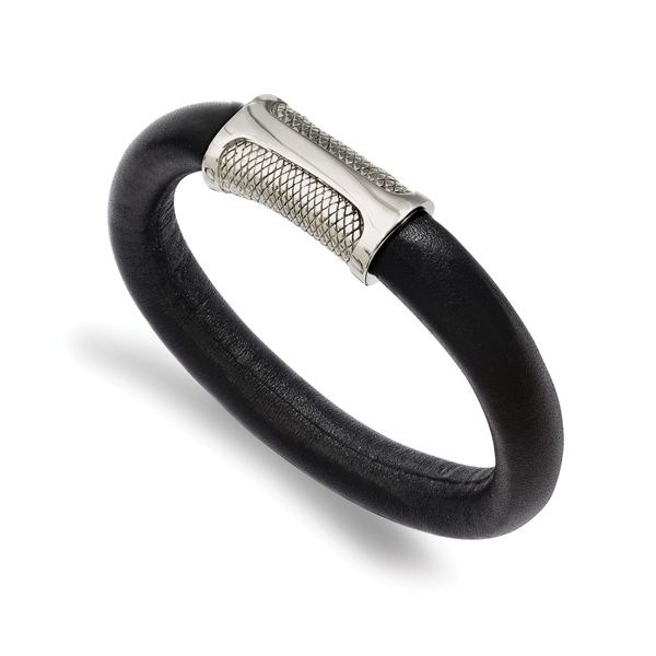 Men's Black Leather Bracelet with Stainless Steel Simones Jewelry, LLC Shrewsbury, NJ