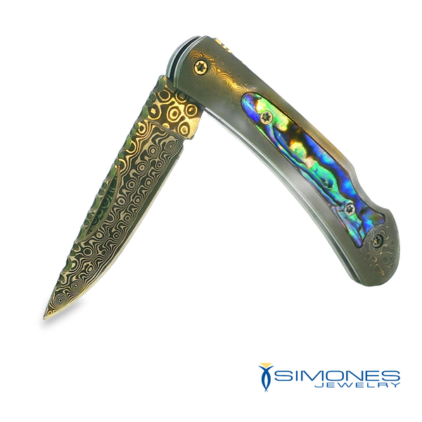 Damascus Lock Back Abalone Inlay Pocket Knife Image 2 Simones Jewelry, LLC Shrewsbury, NJ