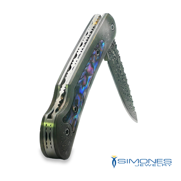 Damascus Lock Back Abalone Inlay Pocket Knife Image 3 Simones Jewelry, LLC Shrewsbury, NJ