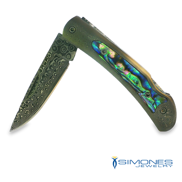 Damascus Lock Back Abalone Inlay Pocket Knife Simones Jewelry, LLC Shrewsbury, NJ