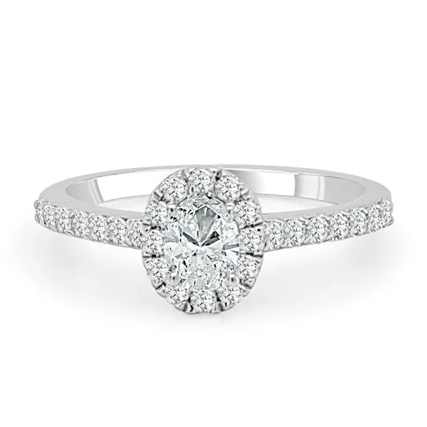 14KT WG Diamond Engagement Ring w/ Oval Center Stone .27CT Surrounded by Diamond Halo w/ a Diamond Band .31TCW Steve Lennon & Co Jewelers  New Hartford, NY