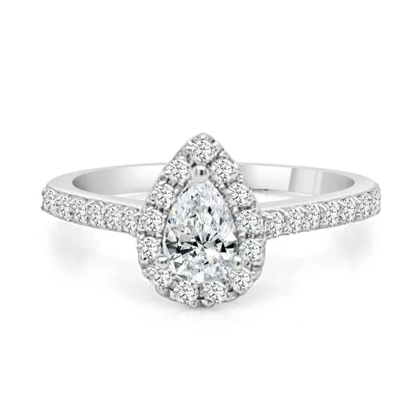 14KT WG Diamond Engagement Ring w/ Pear Center Stone .70CT Surrounded by Diamond Halo w/ a Diamond Band .42TCW Steve Lennon & Co Jewelers  New Hartford, NY