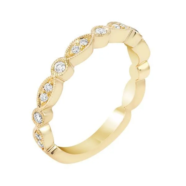 14 KT YG .18TCW Alternating Diamond Wedding Band With 5 Round Bezeled Sets With One Round Diamonds Per Round Bezeled Set and 6 M Image 2 Steve Lennon & Co Jewelers  New Hartford, NY