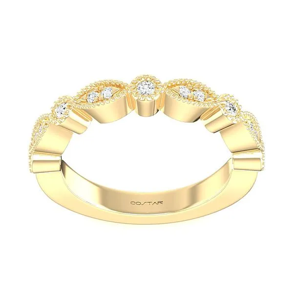 14 KT YG .18TCW Alternating Diamond Wedding Band With 5 Round Bezeled Sets With One Round Diamonds Per Round Bezeled Set and 6 M Steve Lennon & Co Jewelers  New Hartford, NY