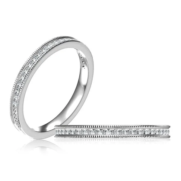 A. Jaffe 14KT White Gold Diamond Eternity Wedding Band with 49 Round Diamonds in a Miligrain Channel Setting .37TCW Steve Lennon & Co Jewelers  New Hartford, NY