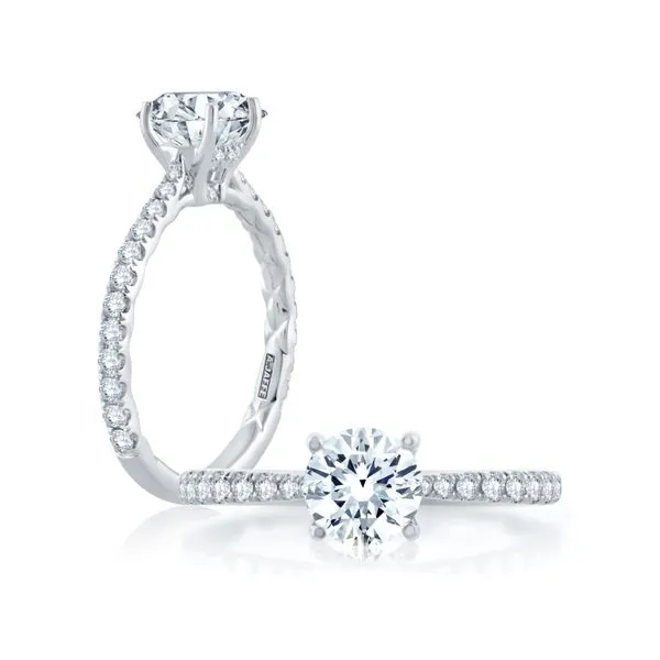 A. Jaffe 14K White Gold Tapered Diamond Engagement Semi-Mount with 24 Round Diamonds on the Band and a Diamond Halo with 8 Round S. Lennon & Co Jewelers New Hartford, NY