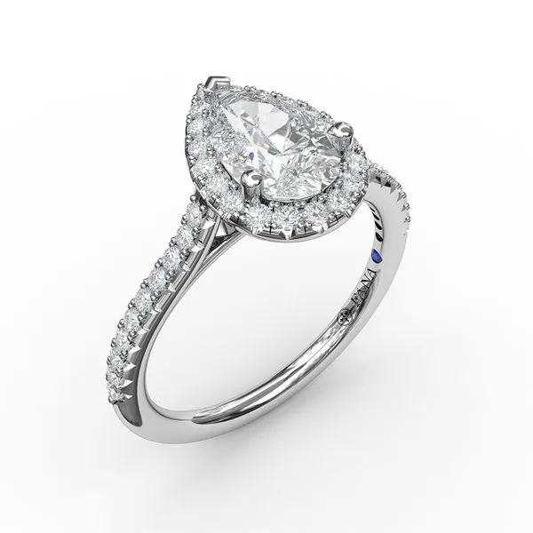 Fana 14k WG .34ct Delicate Pear Shaped Halo And Pave Band Engagement Ring S. Lennon & Co Jewelers New Hartford, NY