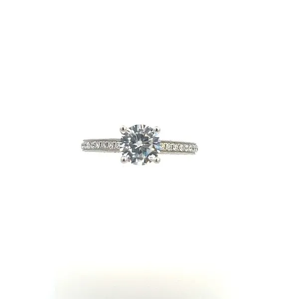 18KT White Gold Diamond Semi-Mount Engagement Ring Cathedral Style with 14 Round Diamonds .27CT in a Shared Prong Setting and Filigree Design on Side  Steve Lennon & Co Jewelers  New Hartford, NY