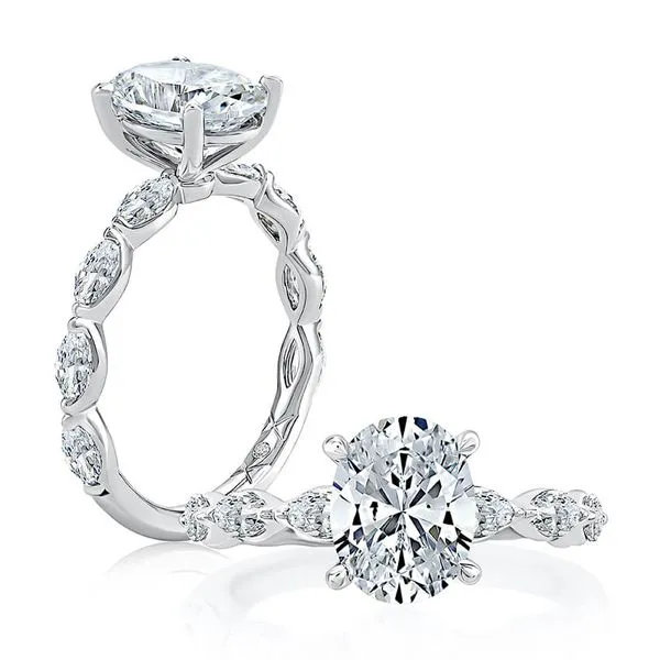 A.Jaffe 14K White Gold Diamond Semi-Mount Engagement Ring with 2ct Oval center stone and 8 Marquee stones on the sides .80tcw Steve Lennon & Co Jewelers  New Hartford, NY