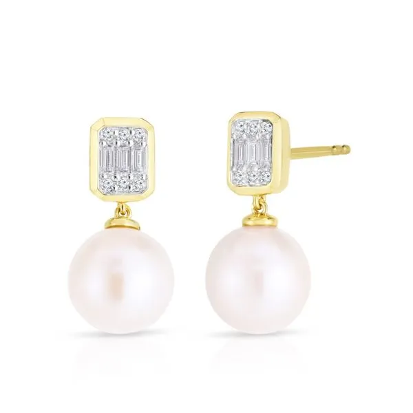 14K Yellow Gold Emerald Illusion Diamond and Pearl Drop Earrings 20 Stones .16ct S. Lennon & Co Jewelers New Hartford, NY