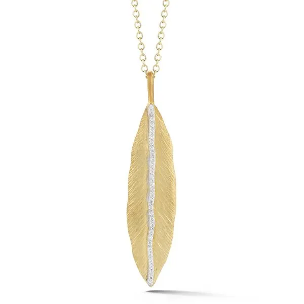I.Reiss - 14 Karat Yellow Gold Matte And Textured-Finished Leaf Pendant Accented With 0 20 Carat Of Pave Set Diamonds Sliding On Steve Lennon & Co Jewelers  New Hartford, NY